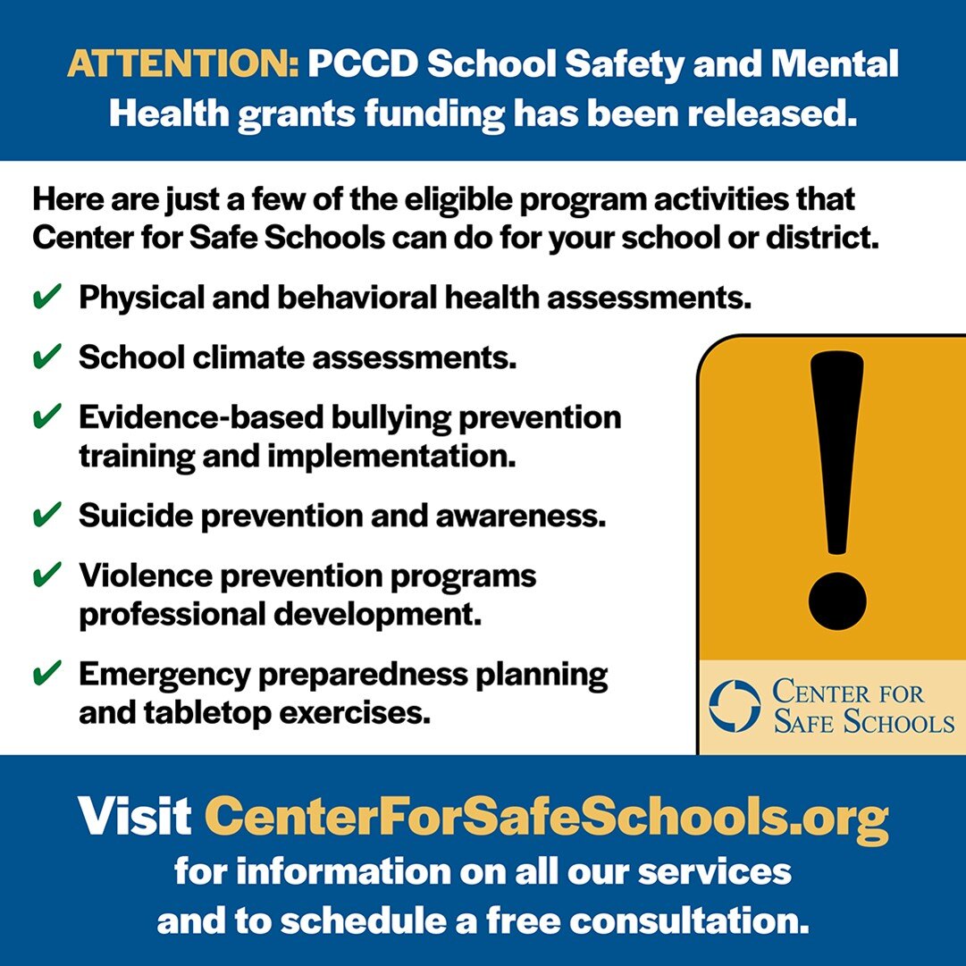 Center for Safe Schools offers services that can be applied to the recent Pennsylvania Commission on Crime and Deliquency Grants. Visit www.centerforsafeschools.org for more information.