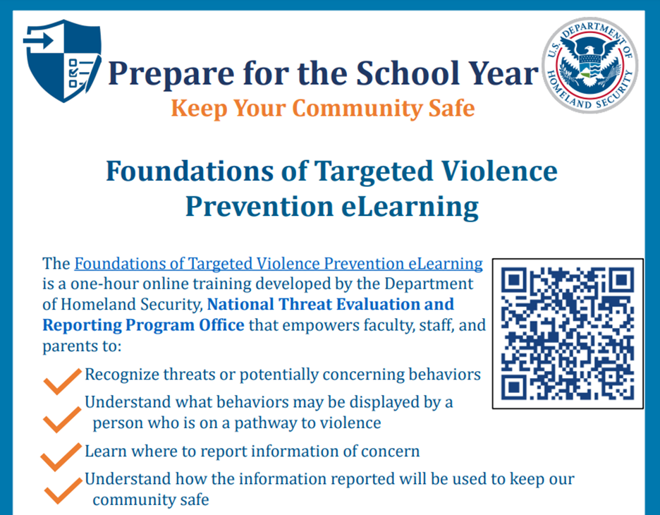 screenshot of Foundations of Targeted Violence Prevention eLearning. Hyperlinked to DHS dot gov website for information.