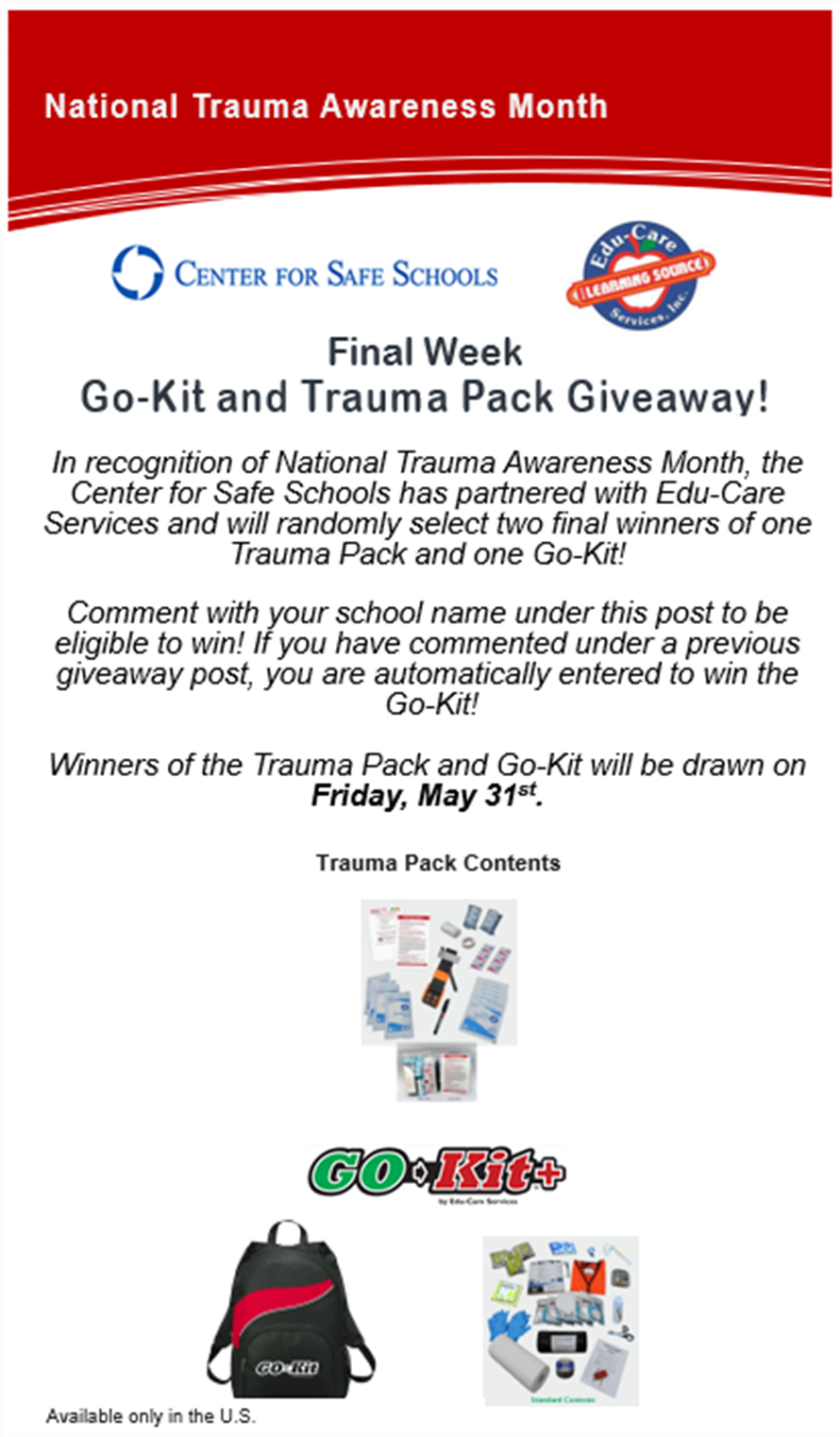 Final Week Go-kit and Trauma Pack giveaway. Click on the buttons below to comment on LinkedIn or Facebook and be entered to win a Trauma Pack or Go-kit. Drawing is May 31.