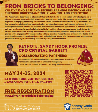 Flyer promoting From Bricks to Belonging event. Keynote: Sandy Hook Promise CPO Crystal Garrett. More information at www.tinyurl.com/BricksToBelonging 