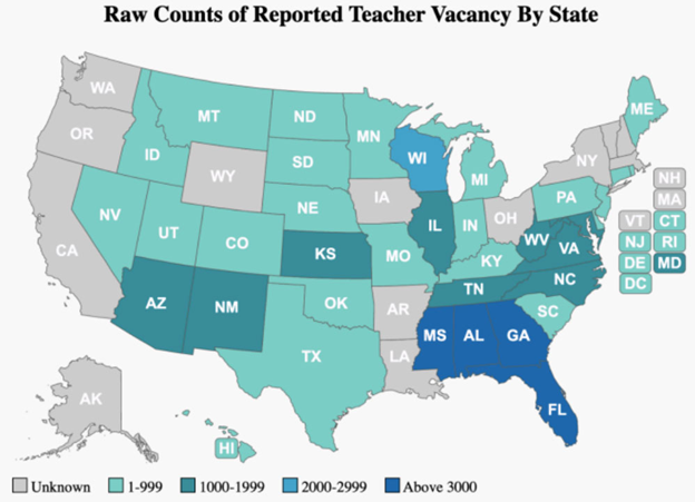 This is a map of the USA depicting raw counts of reported teacher vacancy by state.