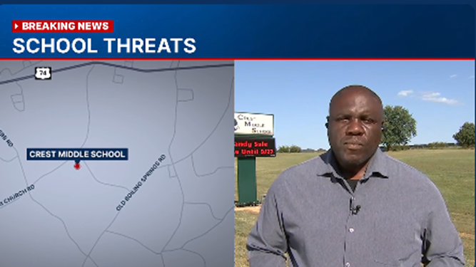 This photo is a split screen picture that shows a news reporter outside of a school on the right and a map of where Crest Middle School is located on the left.