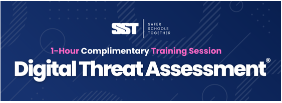 This is a photo of the Safer Schools Together logo stating a 1 hour complimentary training session for Digital Threats.
