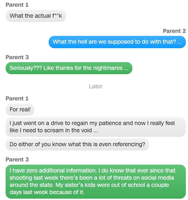 Photo shows a screenshot of a group chat between parents discussing a school threat.