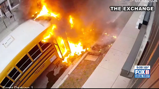 bus on fire. Front parking 1