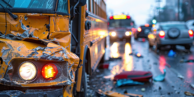 Photo of a bus involved in a head-on collision.