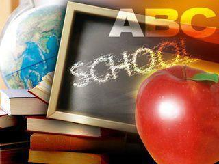 This is a photo showing a globe, books, a chalkboard that has "SCHOOL" written on it, an apple, and "ABC".