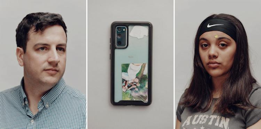 panels of man and woman with cell phone in between