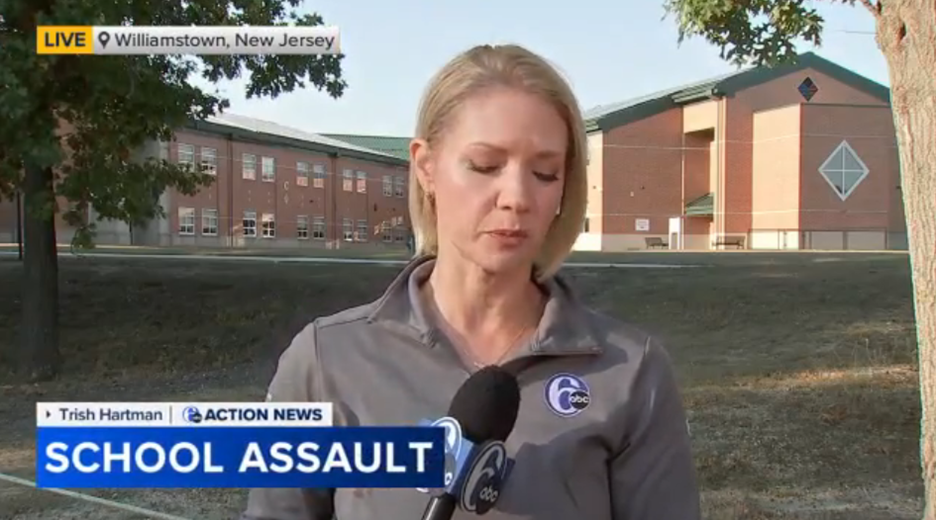 Photo is a screen grab of a journalist on air discussing a school assault.