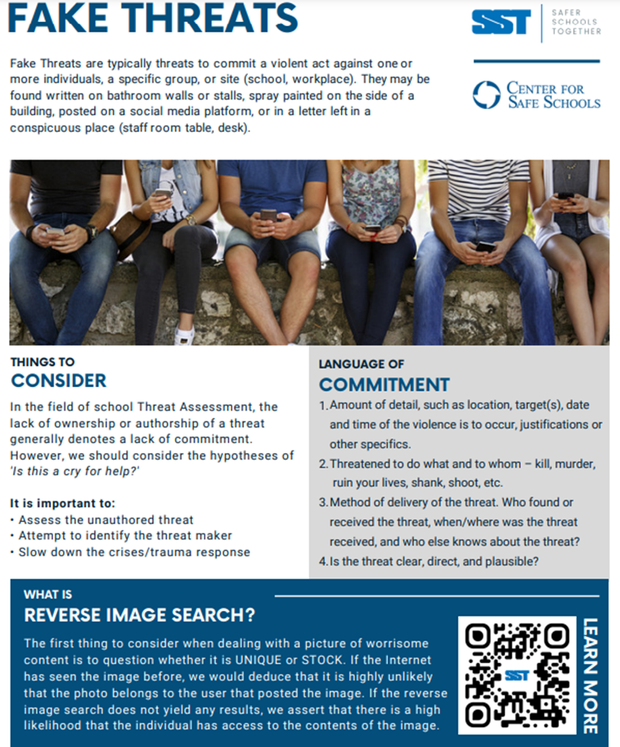 This is a flyer from Safer Schools Together discussing Fake Threats.  Things to Consider and Language of Commitment.  For more information visit https://saferschoolstogether.com/.